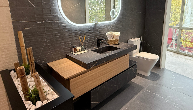 Ejemplo de mármol tratado aplicado en mueble de baño