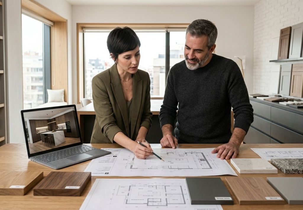 Two designers review architectural blueprints on a wooden table, with samples and a laptop displaying a room design.