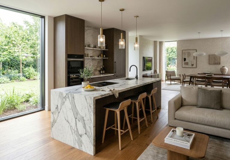 Open-plan kitchen with a marble island and four wooden stools; dark wood cabinetry, pendant lights, and a view of the garden.