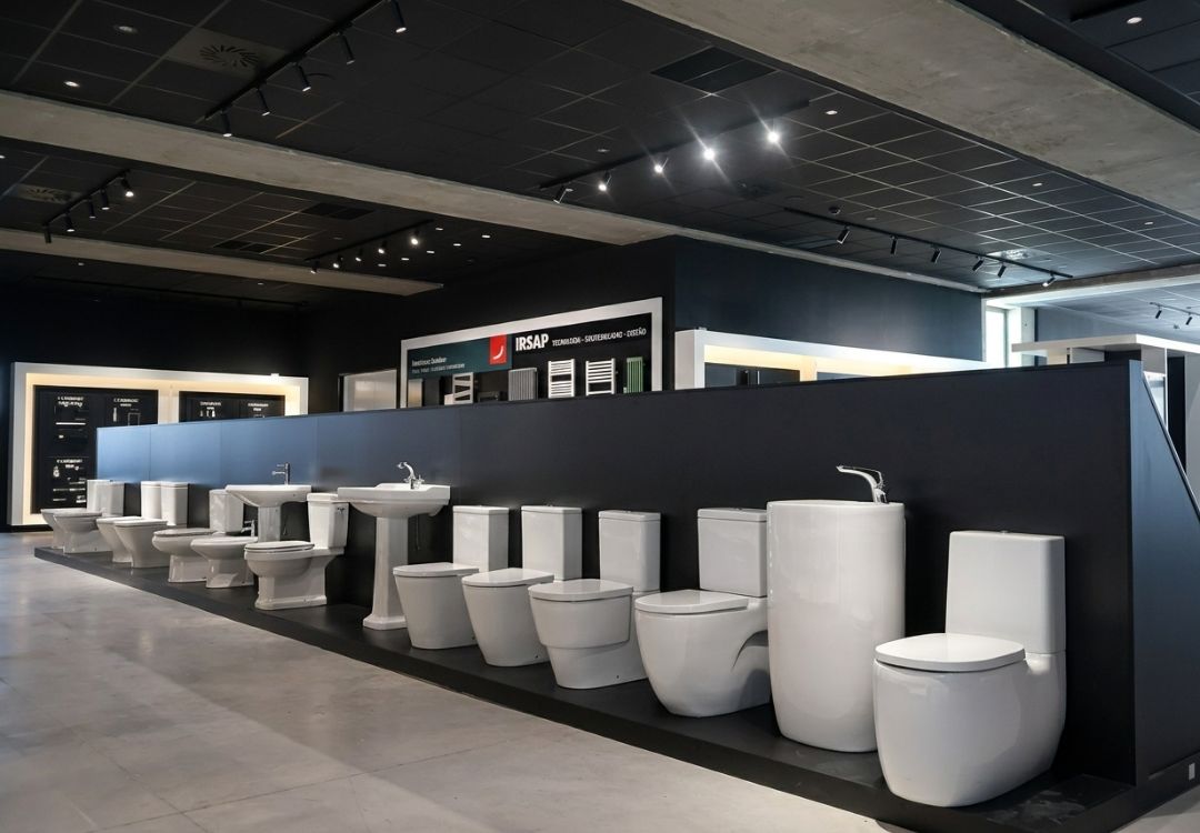 Showroom displaying white bathroom fixtures—toilets and sinks—arranged along a dark partition under bright showroom lighting.