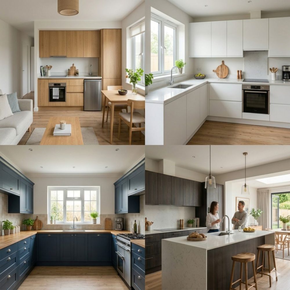 Collage of four modern kitchens: top-left warm wood cabinets with dining area; top-right white minimal kitchen; bottom-left blue cabinetry with window; bottom-right dark wood island kitchen with couple.